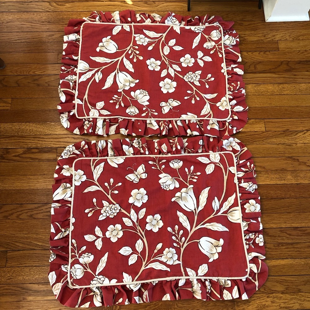 Vintage Floral Ruffled Pillow Shams Set of 2 Red Cream Botanical Cottagecore